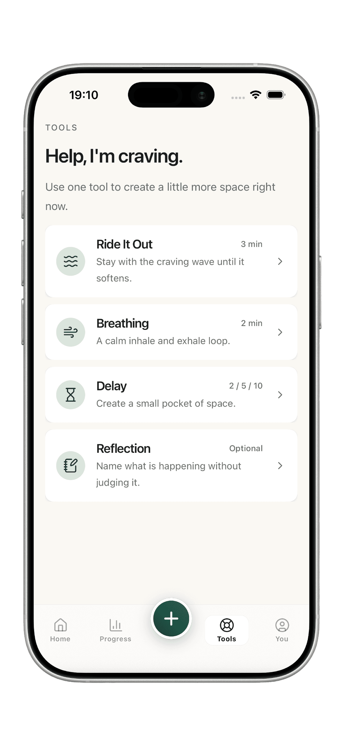 Fumora Tools screen with craving support options including Ride It Out and Breathing.