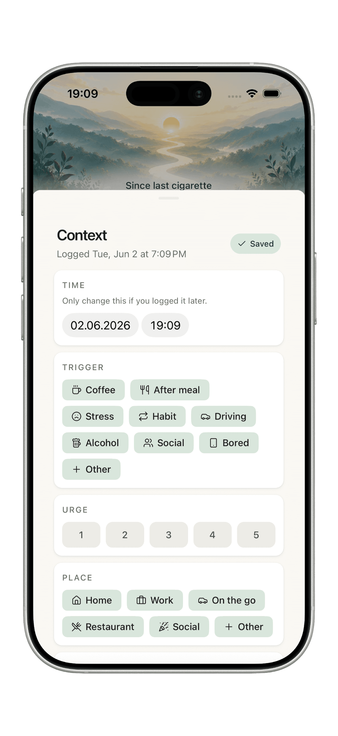 Fumora log context screen with optional trigger, urge, and location details.